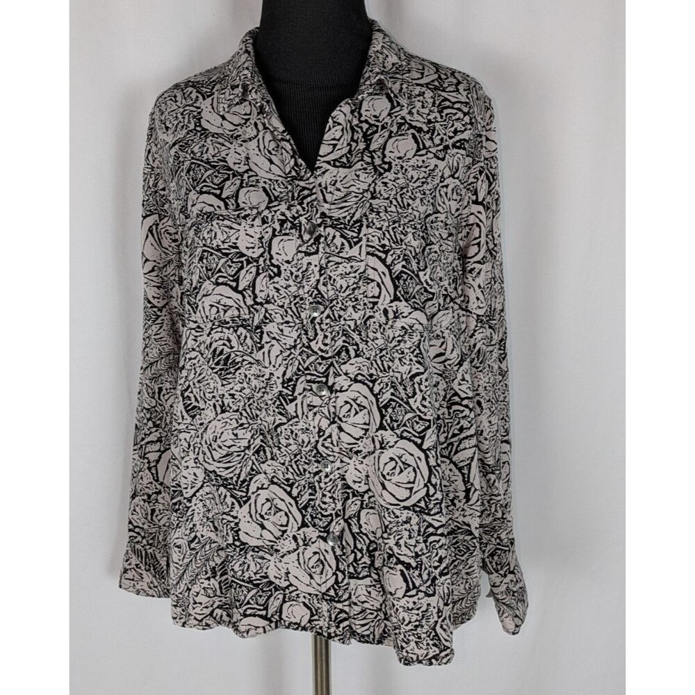 Rock & Republic Button Down M Women's Black Rose Floral Roll Tab Sleeve Blouse